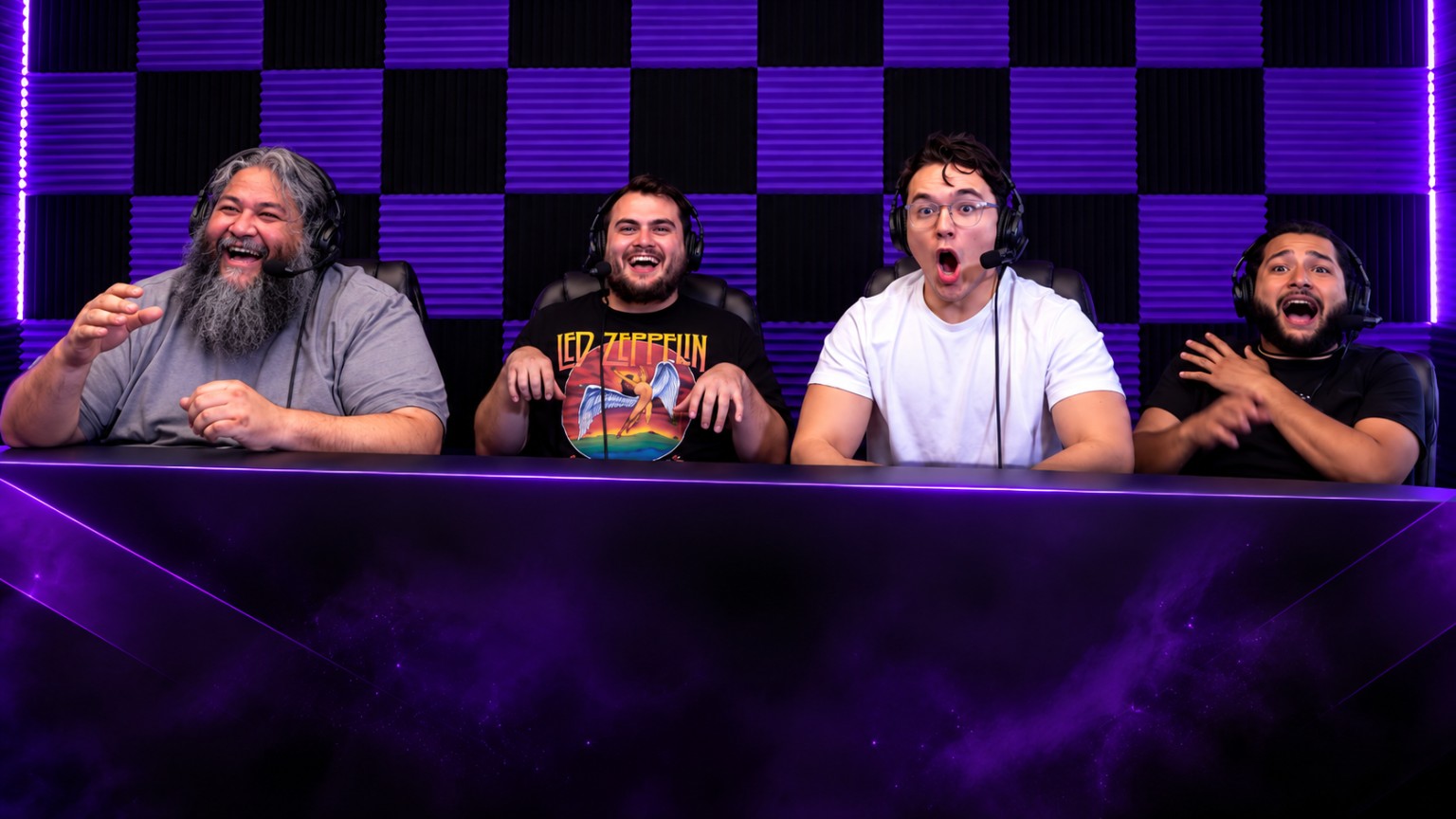 Four R Knights laughing and reacting together in the purple studio